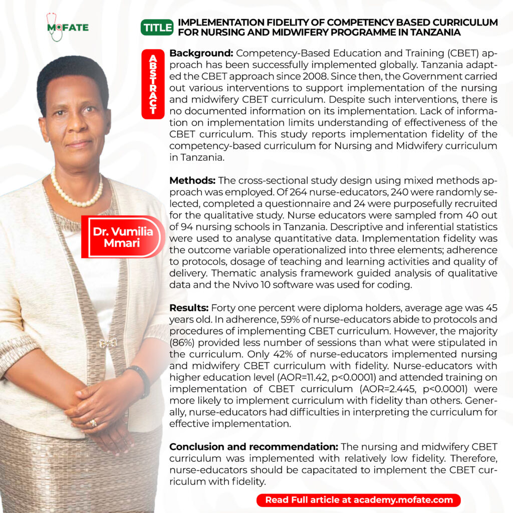 IMPLEMENTATION FIDELITY OF COMPETENCY-BASED CURRICULUM FOR NURSING ANDMIDWIFERY PROGRAMME IN TANZANIA 2 1000441280